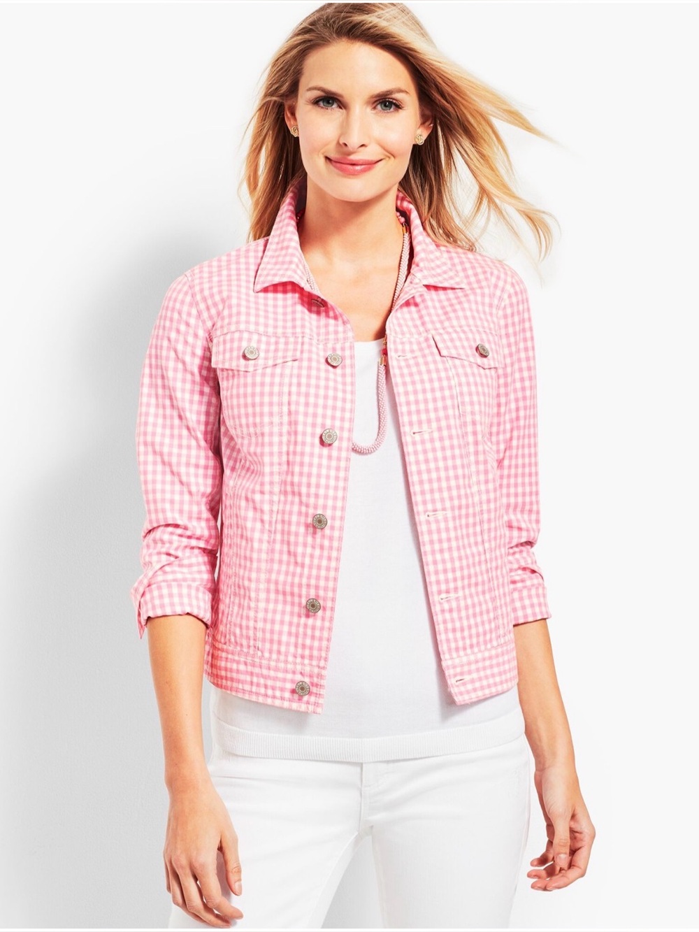 Talbots Pink Gingham Cotton Lightweight Button-Up Jacket Women’s Medium Petite